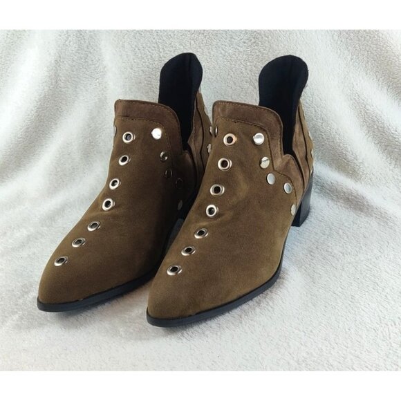 Studded Shoe Boot Two-Tone Brown Faux Leather Silver Studs Medium Block Heel - Picture 13 of 13